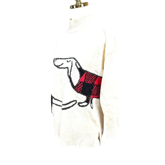 LOFT Womens Ivory Dachshund Buffalo Plaid Mock Neck Sweater Small Dog Graphic - Picture 6 of 8